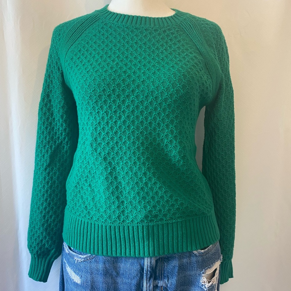 Loft 100% Cotton Emerald Green Pointelle Knit Crewneck Sweater XXS